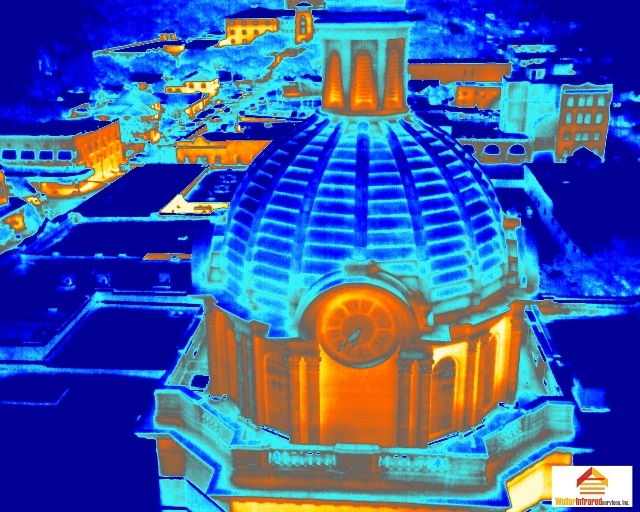 Aerial drone infrared image of courthouse copper dome showing heat patterns